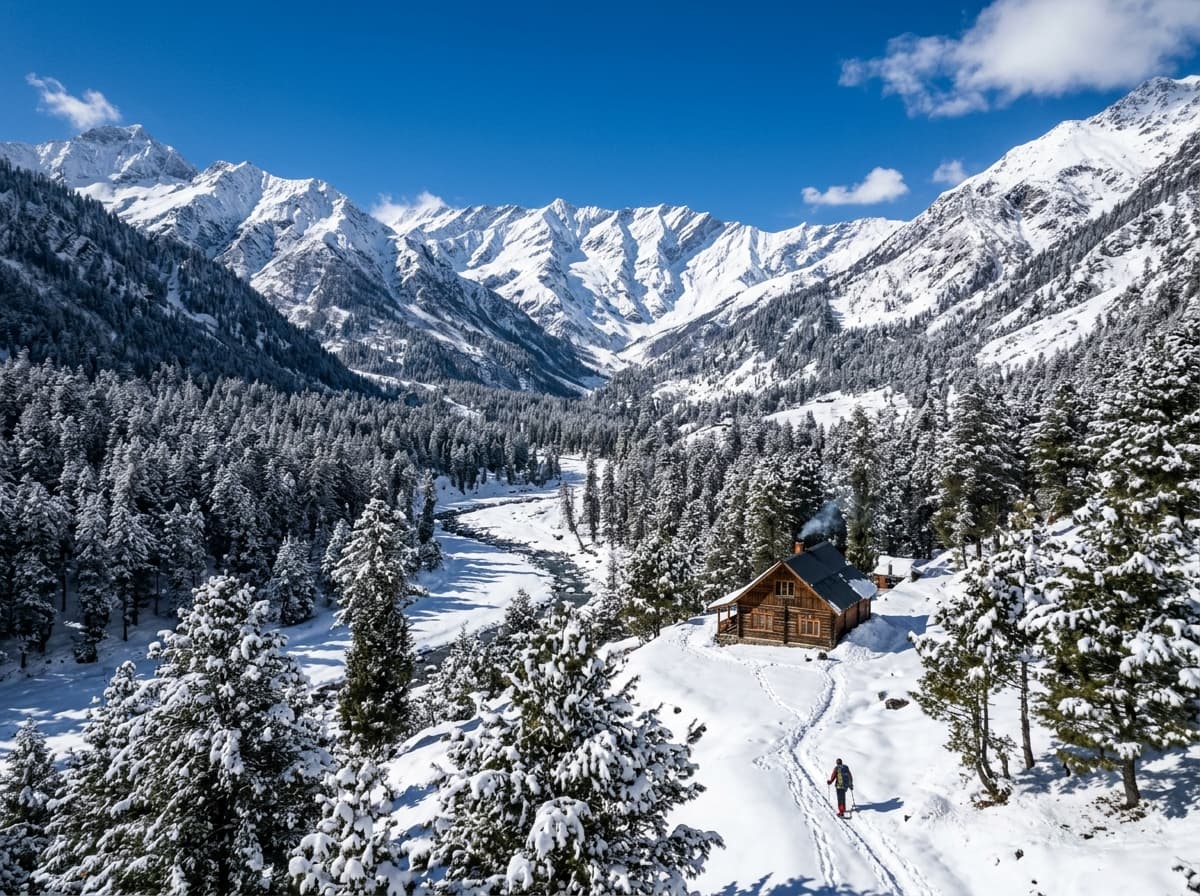 Snow covered alpine valley in Solang near Manali
